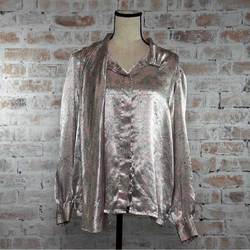 Vintage 90s Pastel Floral Paisley Button Up Scarf Neck Popover Secretary Blouse